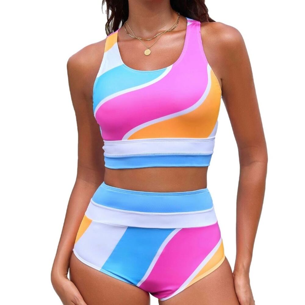 Dipinon Women Pink Blue Colorblock Sporty Bikini Set High Waist Swim Size L NWT - Picture 2 of 8